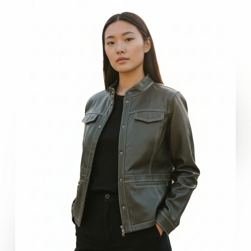 Sam Edelman Faux Leather Moto Jacket Charcoal Womens Size Large